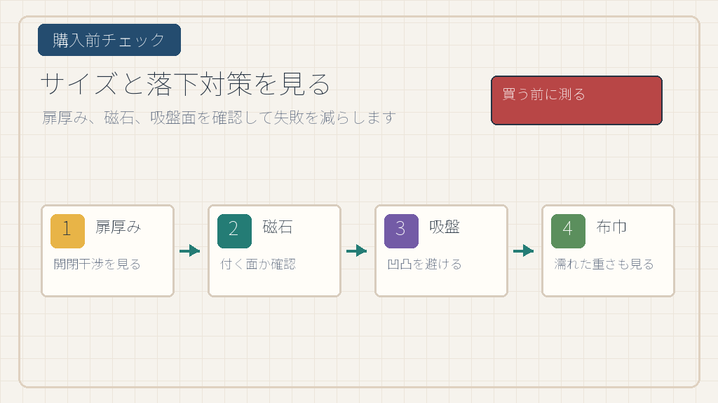 サイズと落下対策を購入前に確認するの結論を示す手書き図解