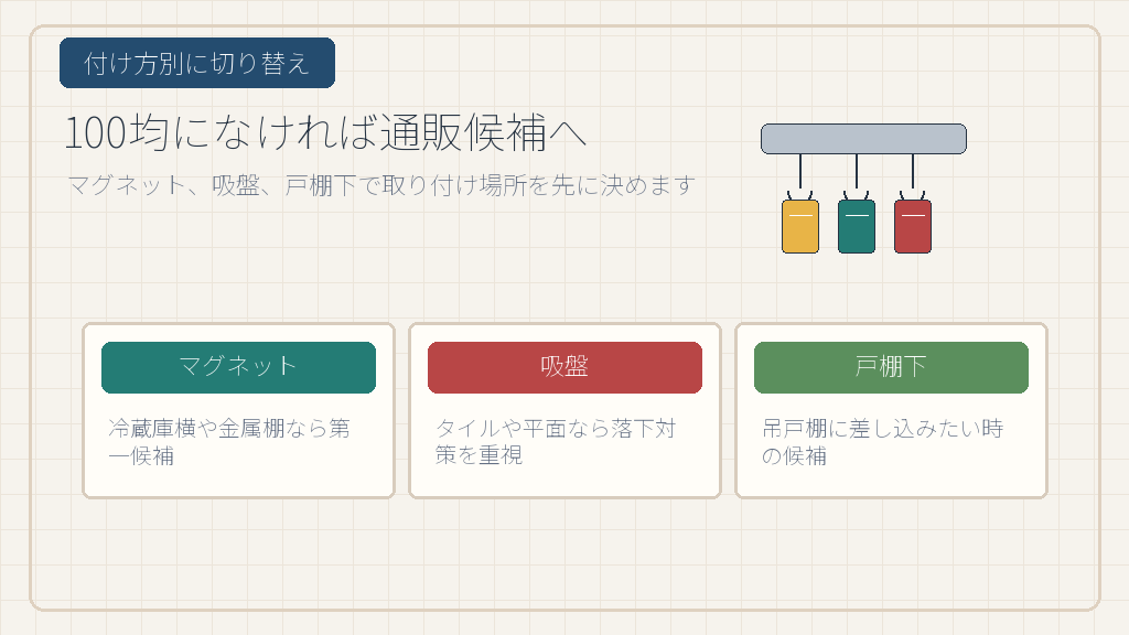 付け方別に100均と通販を切り替えるの結論を示す手書き図解