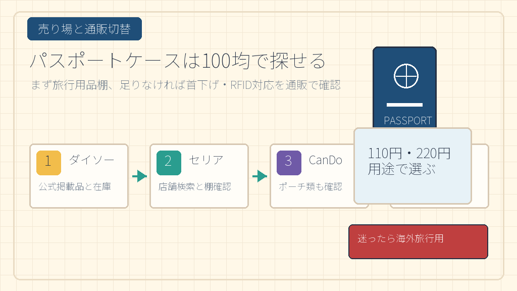 パスポートケースは100均のどこに売ってる！売り場と通販候補の結論を示す手書き図解