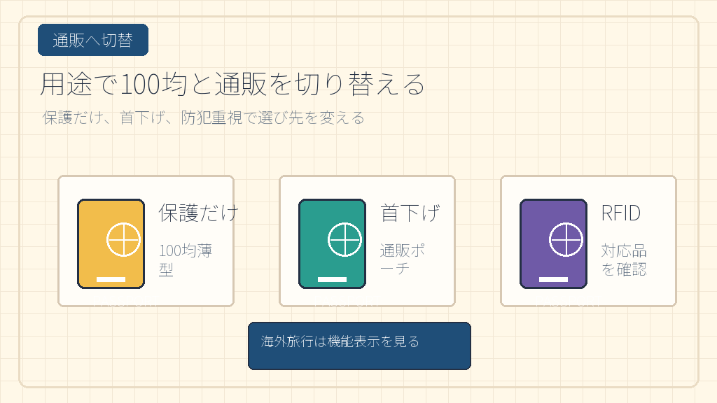 用途別に100均と通販を切り替えるの結論を示す手書き図解
