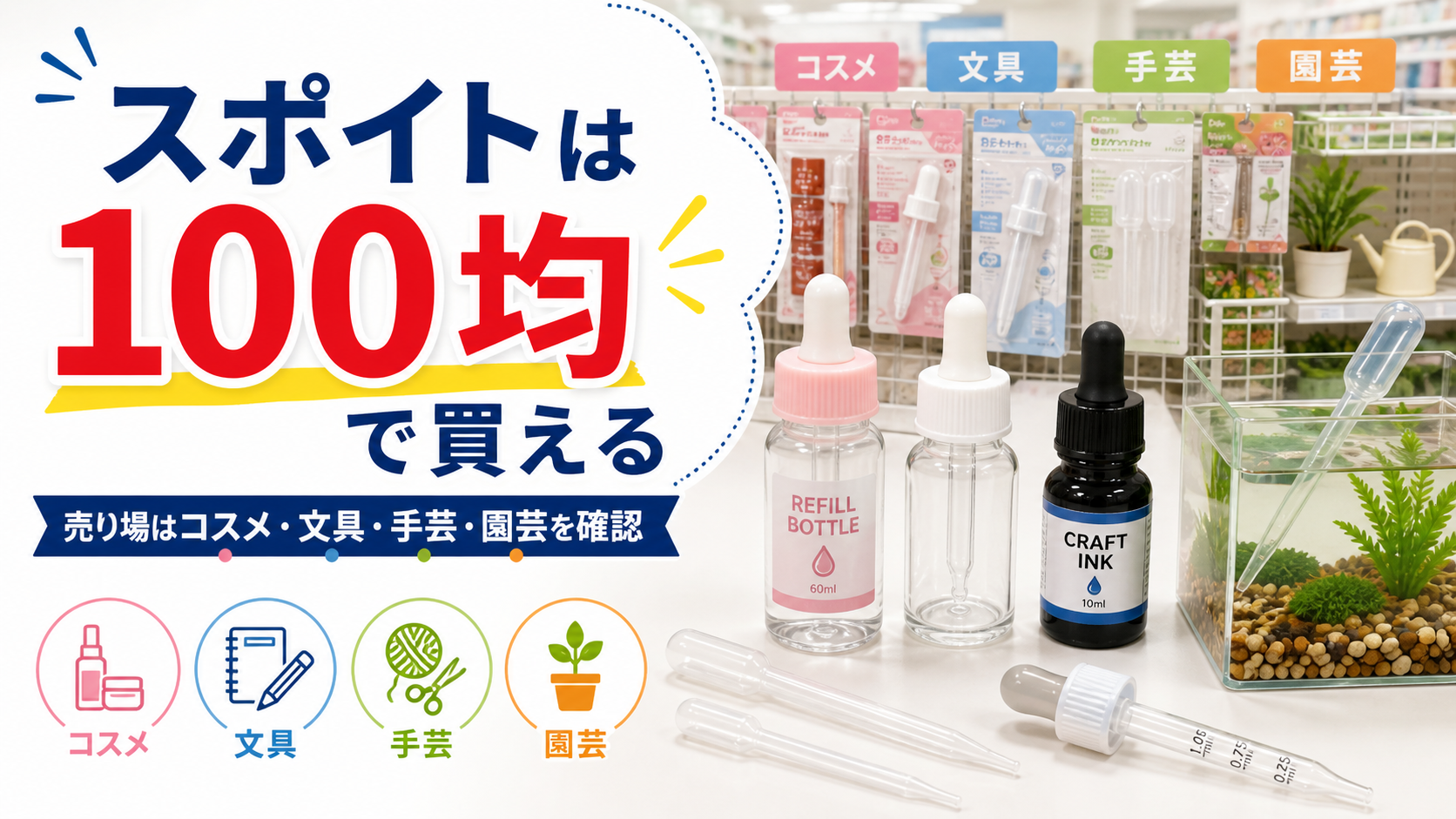 スポイトは100均で買えることと売り場を示すアイキャッチ